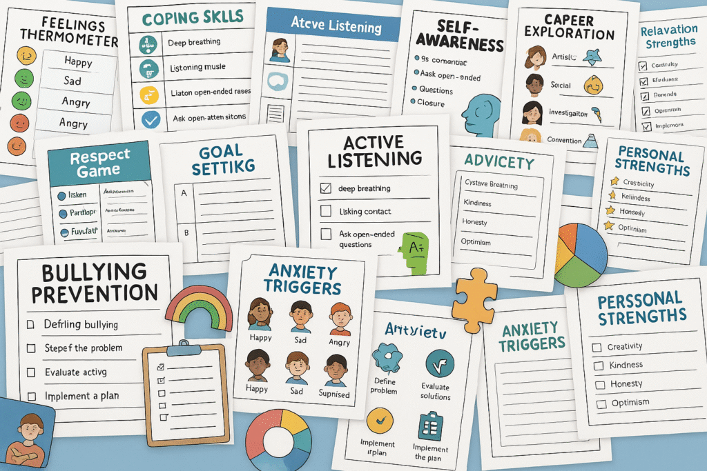 “Collage of colorful school counseling resources, including worksheets, games, lesson plans, and activities for topics like coping skills, bullying prevention, self-awareness, and goal setting — representing hundreds of printable tools available for counselors.”